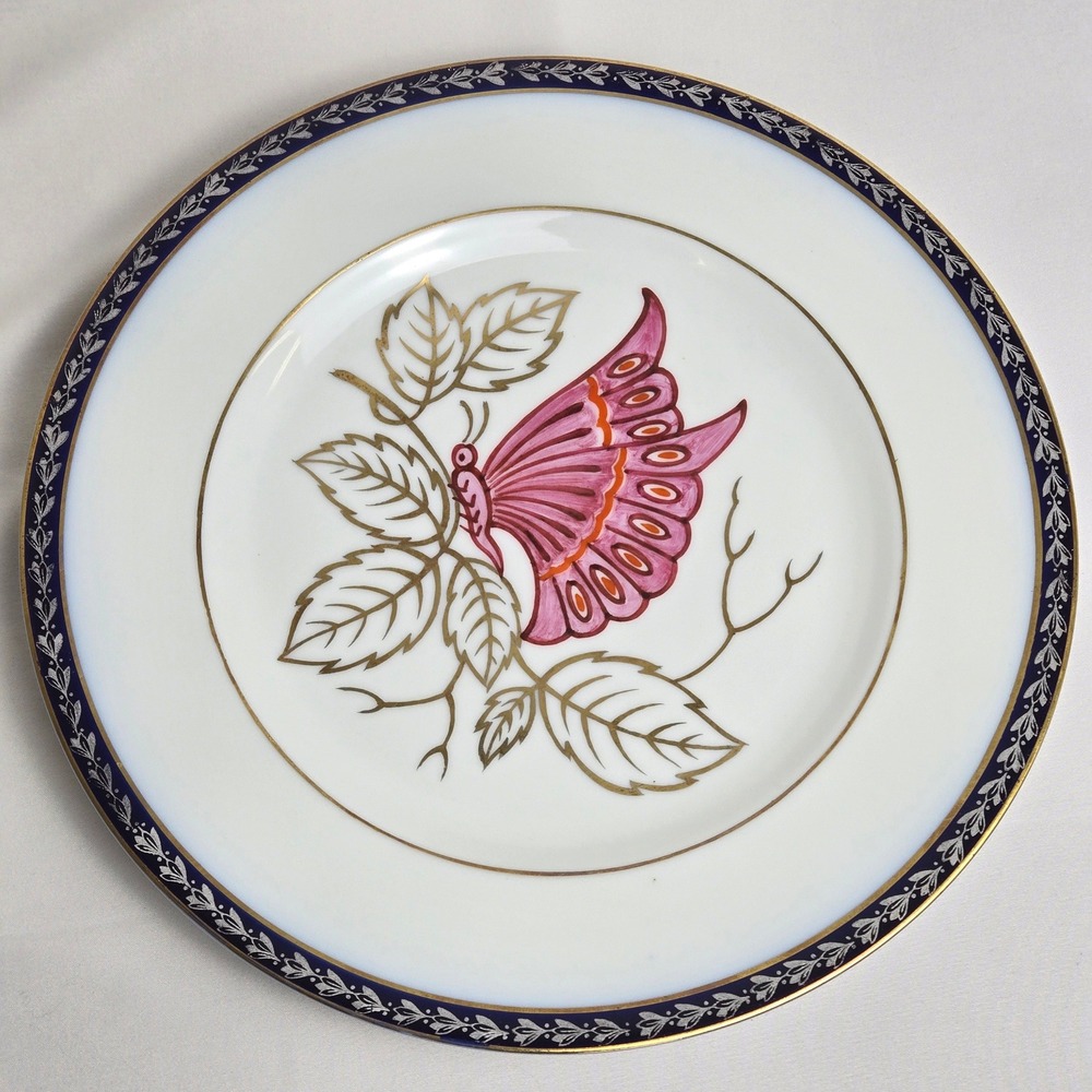 Pirkenhammer Porcelain Plate, Handpainted Butterfly Design, 1918-1938, 10.5" Vtg